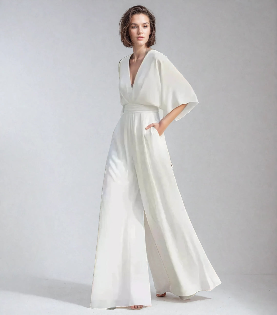 Nina | Elegant V-Neck Wide Leg Jumpsuit With Flutter Sleeves