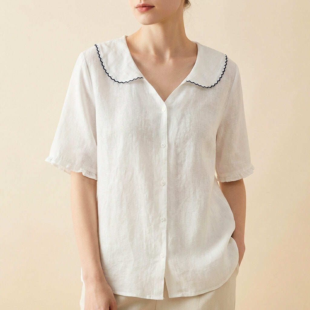 Kaia | Elegant Cotton-Linen Blouse With Scalloped Collar