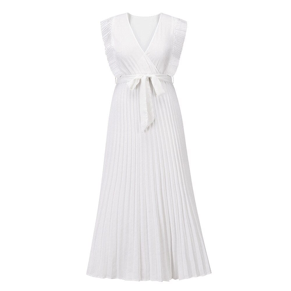 Celeste | Elegant White V-Neck Ruffle Maxi Dress Sleeveless