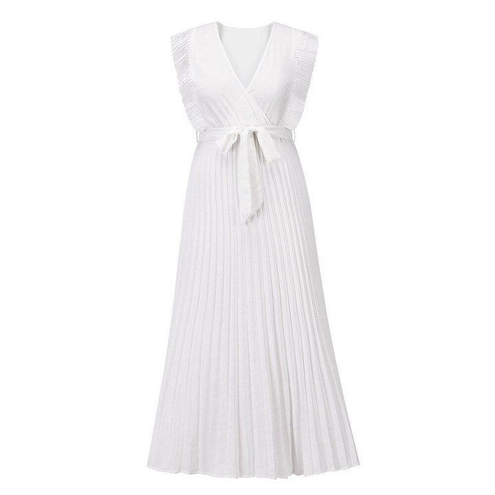Celeste | Elegant White V-Neck Ruffle Maxi Dress Sleeveless
