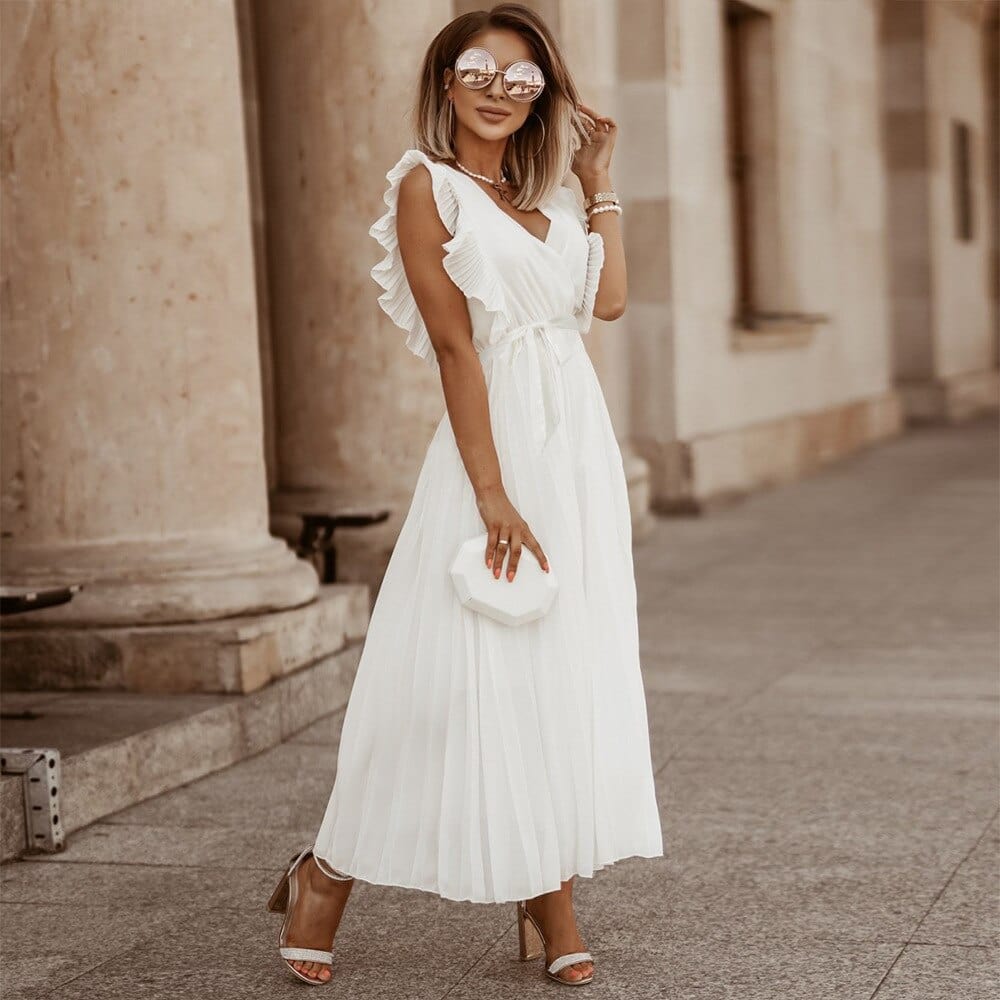 Seraphina | Elegant White Ruffle Maxi Dress V-Neck Sleeveless