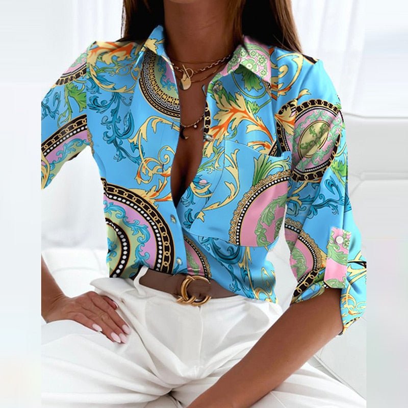 Evy | Chic Geometric Print Button-Up Blouse With Collar