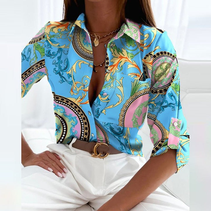 Evy | Chic Geometric Print Button-Up Blouse With Collar