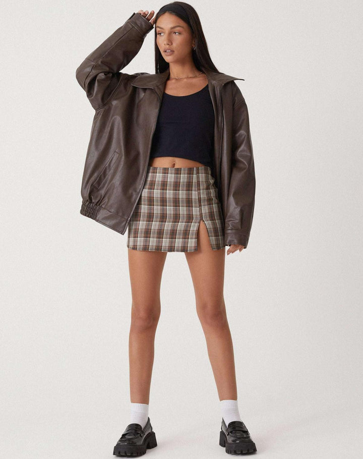 Oversized Brown PU Leather Bomber Jacket Women - Relaxed Fit