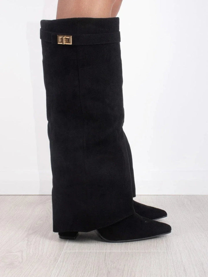 Ruby | Elegant Black Suede Knee-High Boots With Gold Hardware