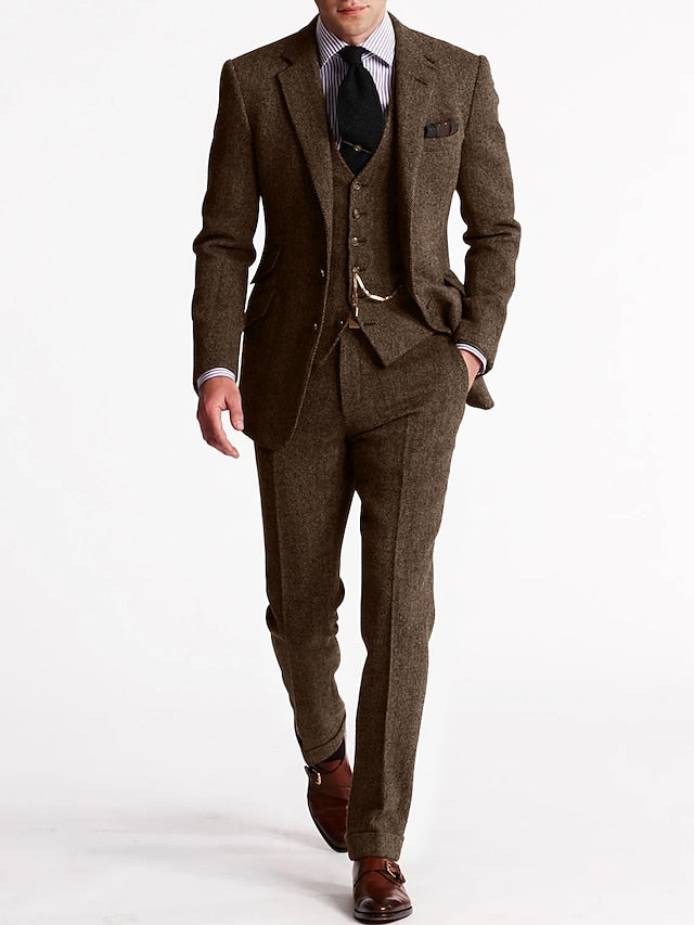 Beatrice | Elegant Men's Brown Three Piece Herringbone Suit With Vest