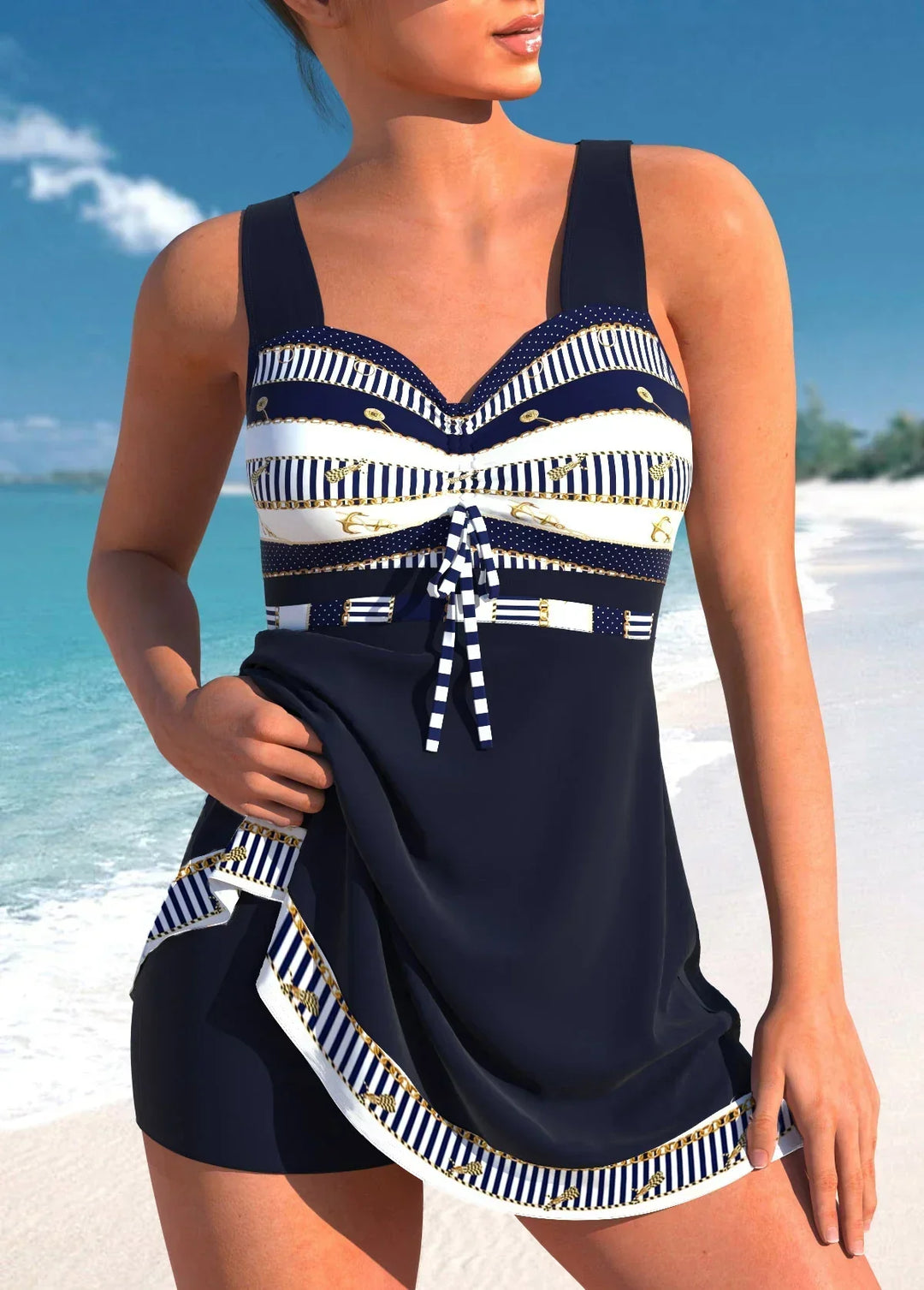 Jessa | Nautical Tankini With Shorts - Navy Striped Sweetheart Swimsuit
