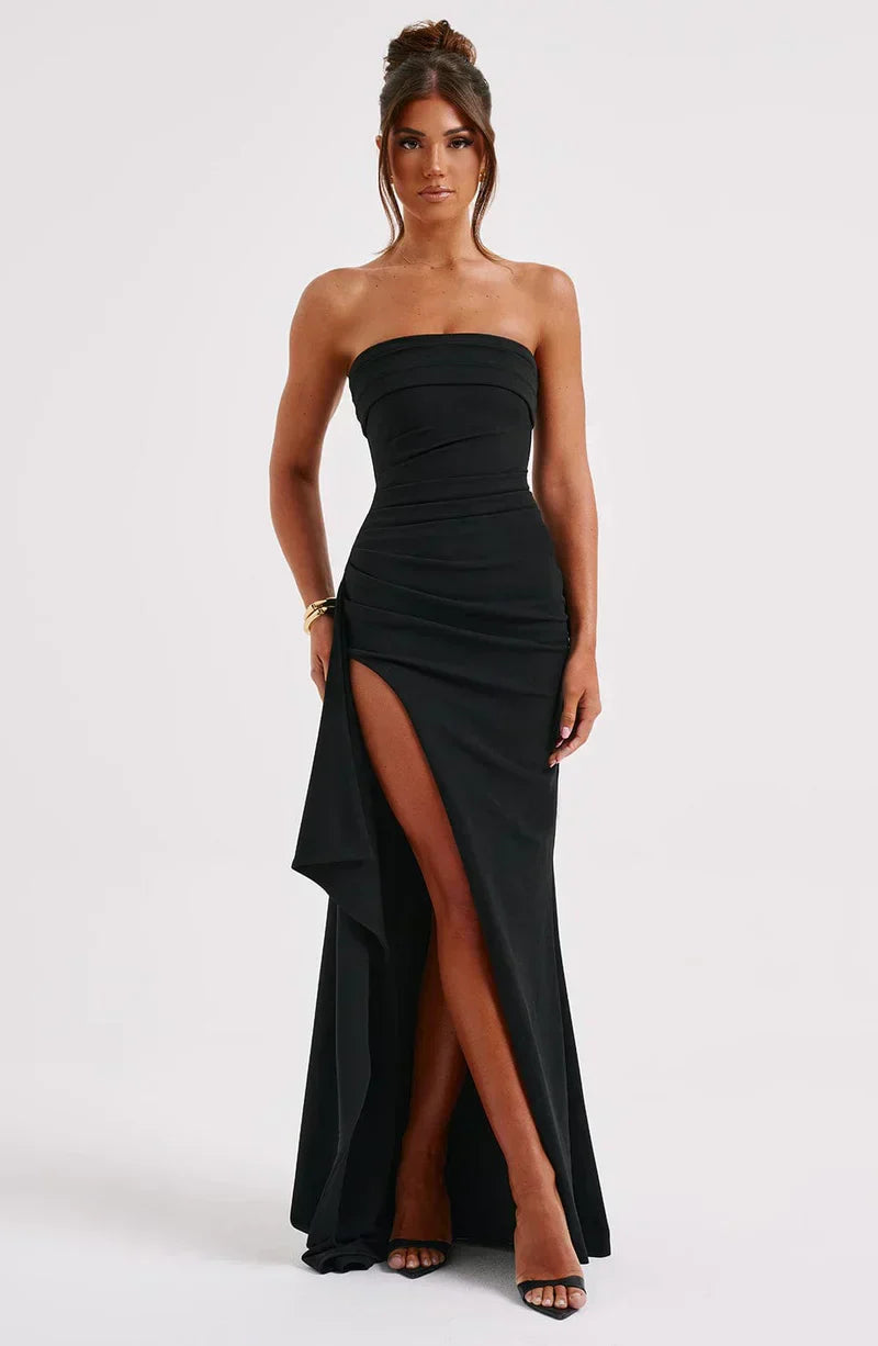 Rebekah | Elegant Strapless Ruched Maxi Dress With High Slit