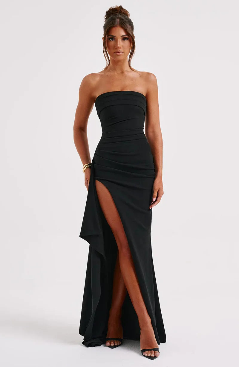 Sybil | Elegant Strapless Maxi Gown With Thigh High Slit