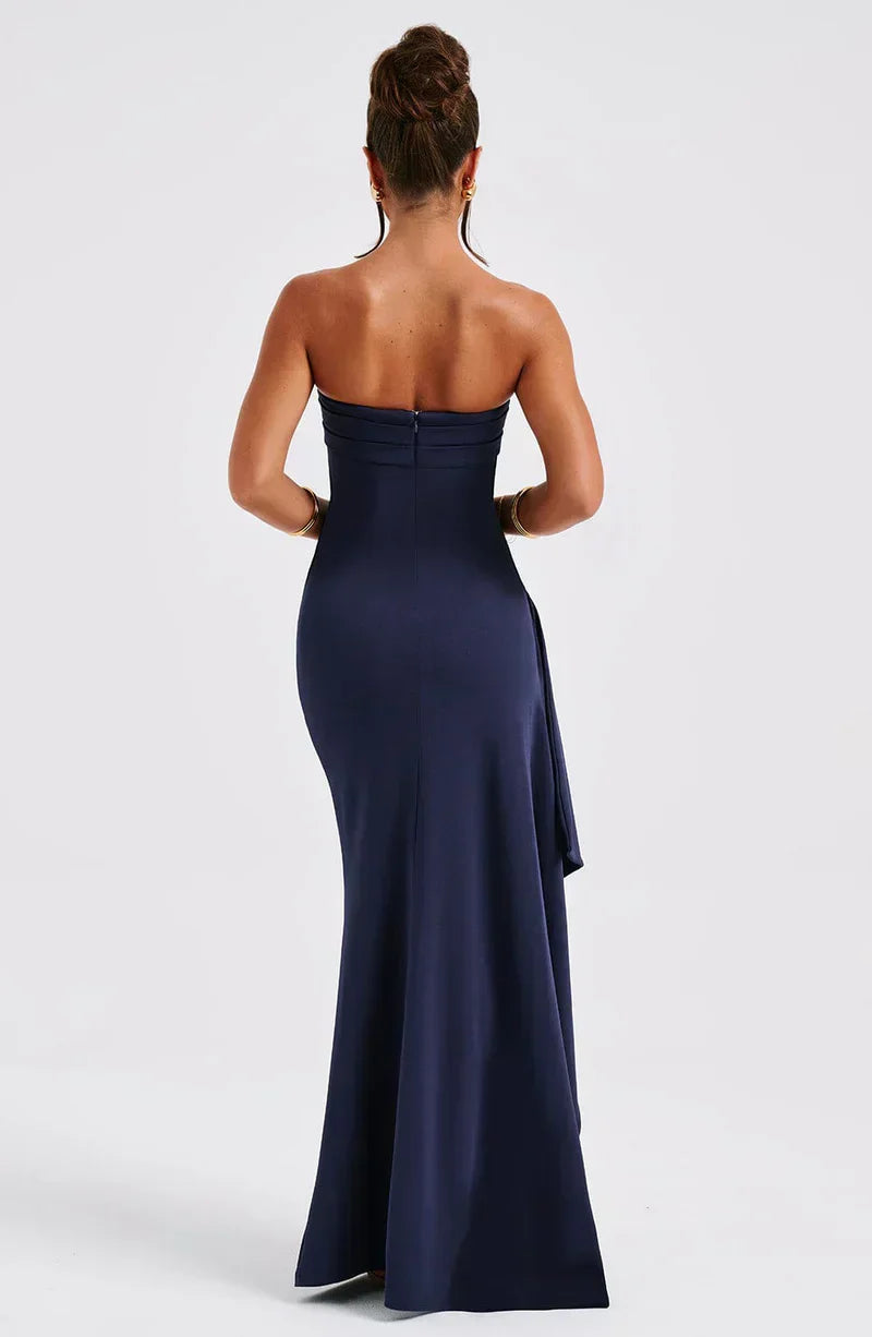 Rebekah | Elegant Strapless Ruched Maxi Dress With High Slit