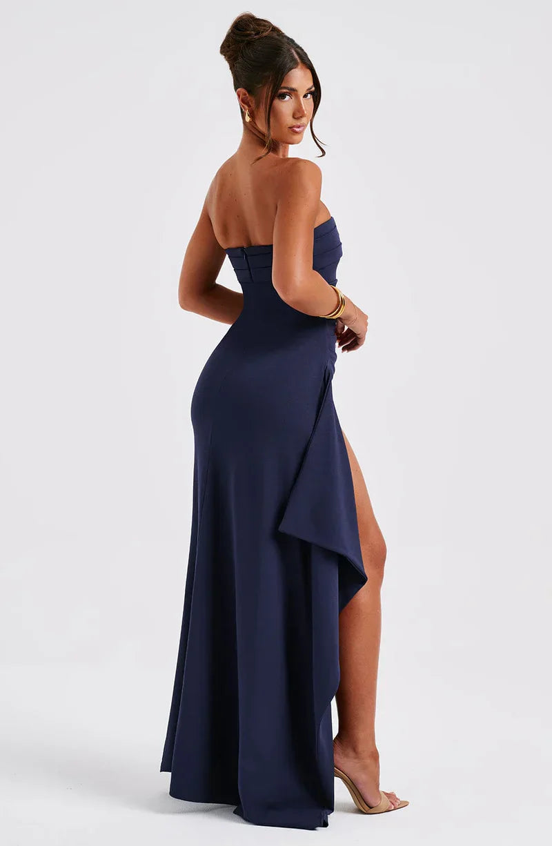 Sybil | Elegant Strapless Maxi Gown With Thigh High Slit