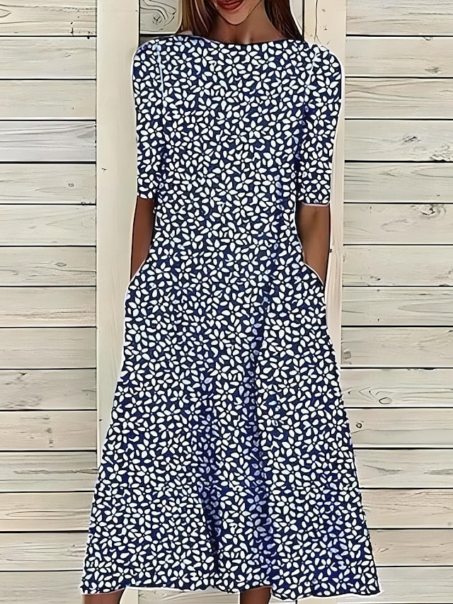 Hannah | Elegant Blue Floral Midi Dress With Round Neckline